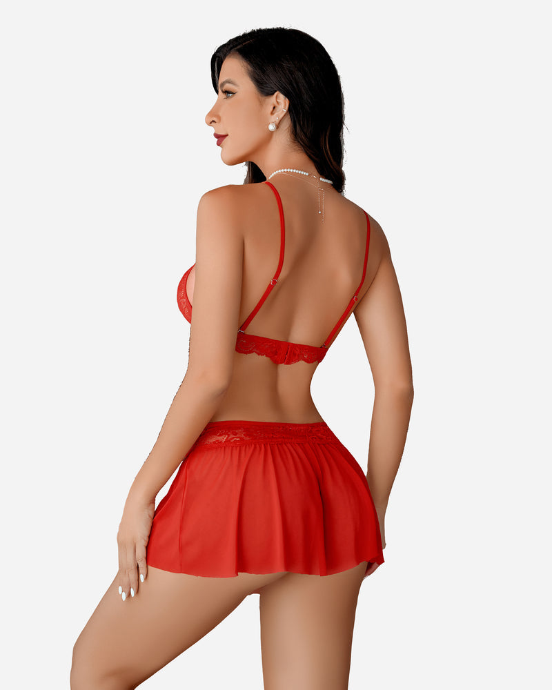 3 Piece Sets Lace Bralette, Skirt with Panty