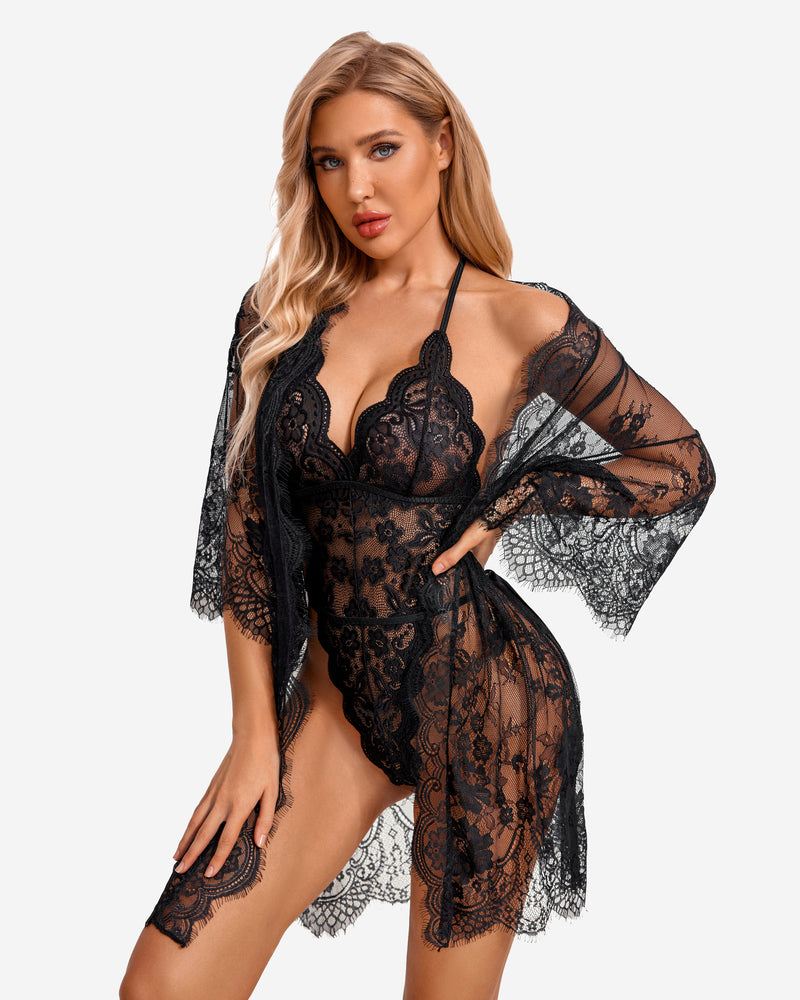 2 Piece Set Lace Robe with Teddy