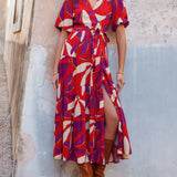 V-Neck Puff Sleeves Slit Printed Maxi Dress