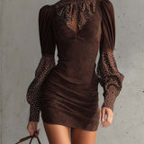 Brown Faux Suede Bodycon Dress With Satin Polka Dots