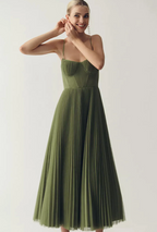 Bustier Pleated Tulle Fit & Flare Midi Dress