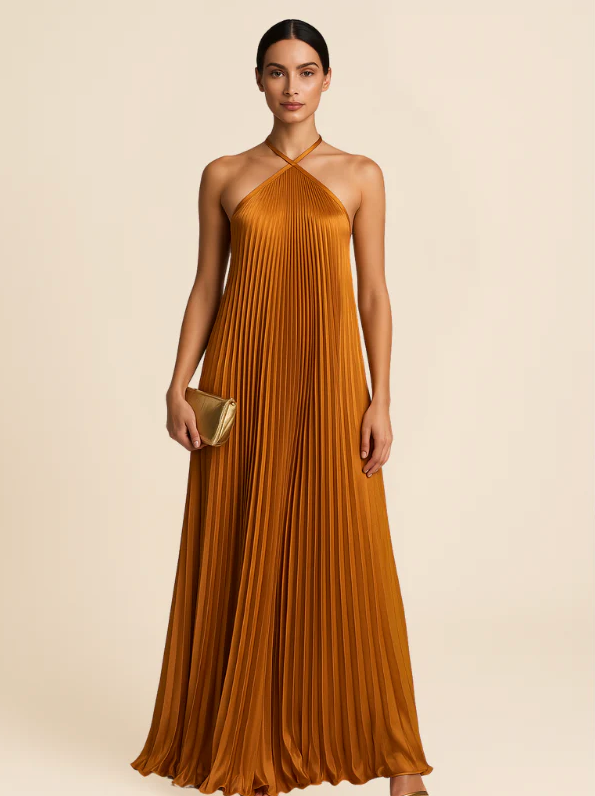 Kyla - Chic Pleated Halter Neck Maxi Dress