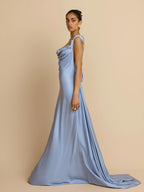Sky Blue Satin Bias-Cut Backless Gown