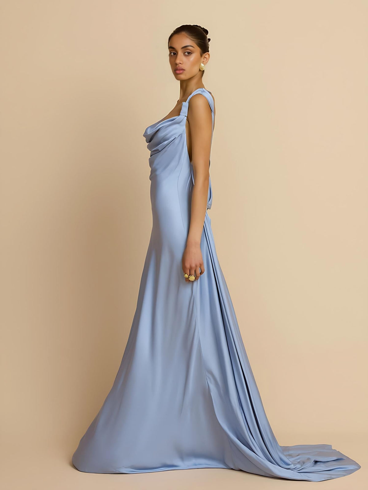 Sky Blue Satin Bias-Cut Backless Gown