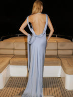 Sky Blue Satin Bias-Cut Backless Gown
