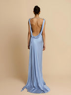 Sky Blue Satin Bias-Cut Backless Gown