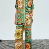Unique Sunflower Print Wide Leg Pants-Set