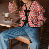 Cute Floral Print Bow Lace-Up Jacket