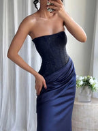 Strapless Rhinestone Pleated Maxi Dress
