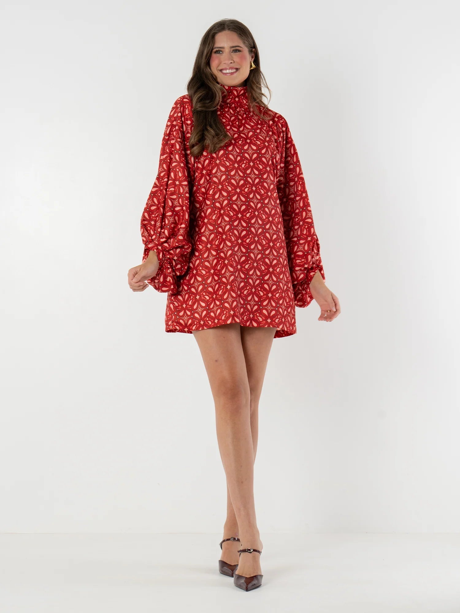 Bohemian High Neck Lantern Sleeve Mini Dress