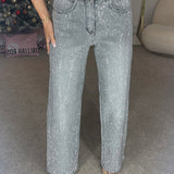 Premium Wide Leg Diamanté Denim Jeans in Storm Grey