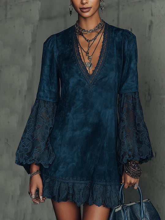 Faux Suede Flared Sleeve Lace Mini Dress