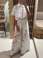 Cut-Out Cardigan Top Wide-Leg Pants Set