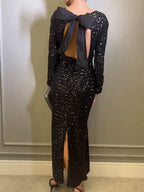 Sequin Backless Bow Maxi Dress