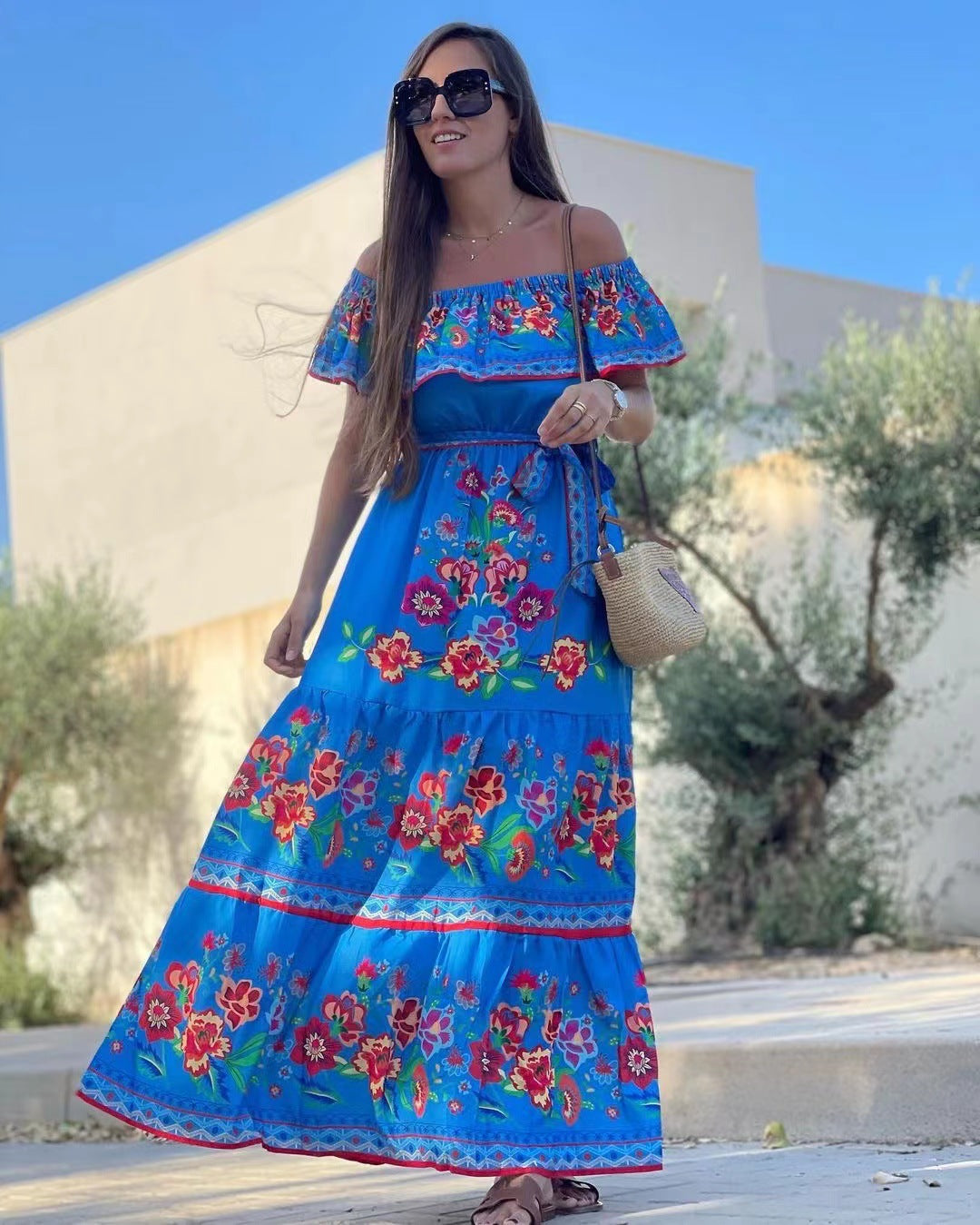 Oceana - Printed Lace-Up Waist Long Dress