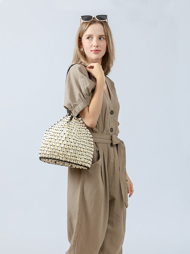 Handcrafted Wooden Bead Woven Tote Bag