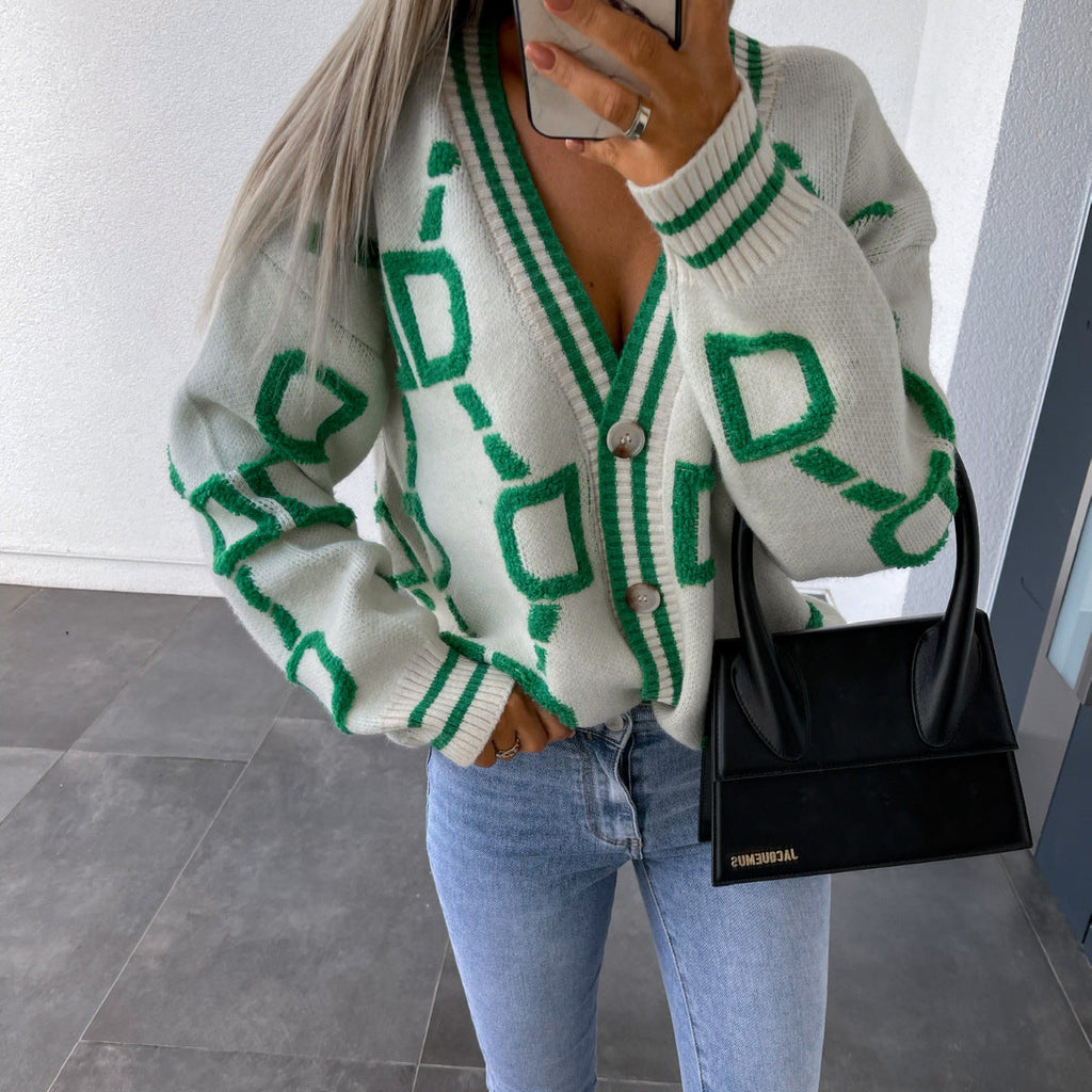 V-Neck Casual Color Contrast Knit Cardigan