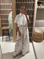 Cut-Out Cardigan Top Wide-Leg Pants Set