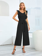 Ruffle Detail Belted Culotte Midi Straight Jumpsuit