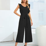 Ruffle Detail Belted Culotte Midi Straight Jumpsuit