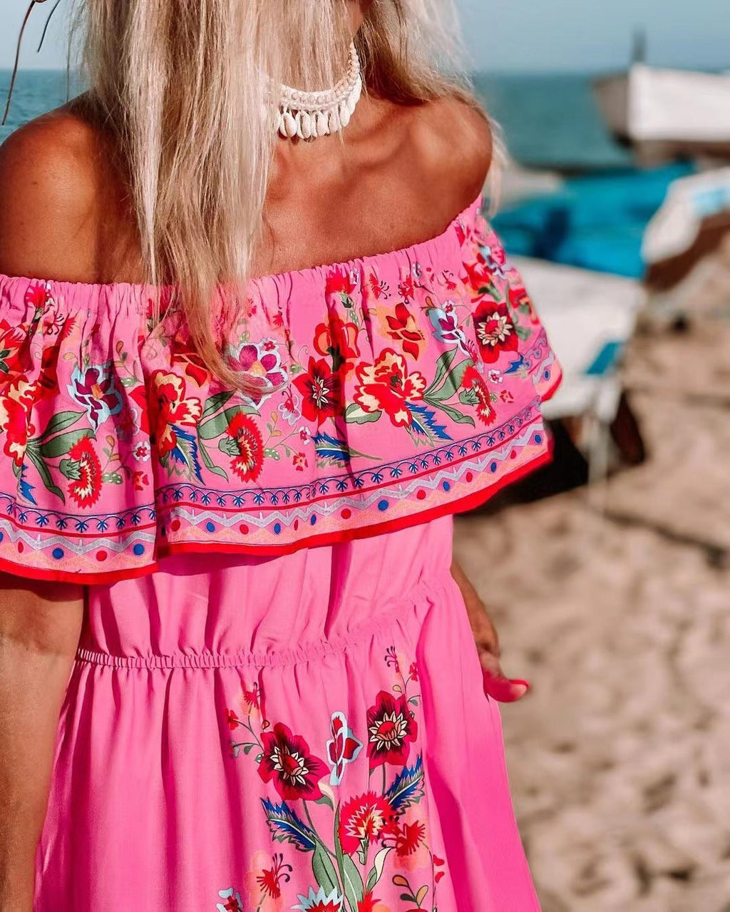 Oceana - Printed Lace-Up Waist Long Dress