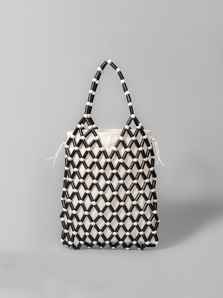 Hollow-Out Wooden Bead Woven Tote Bag