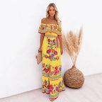 Oceana - Printed Lace-Up Waist Long Dress