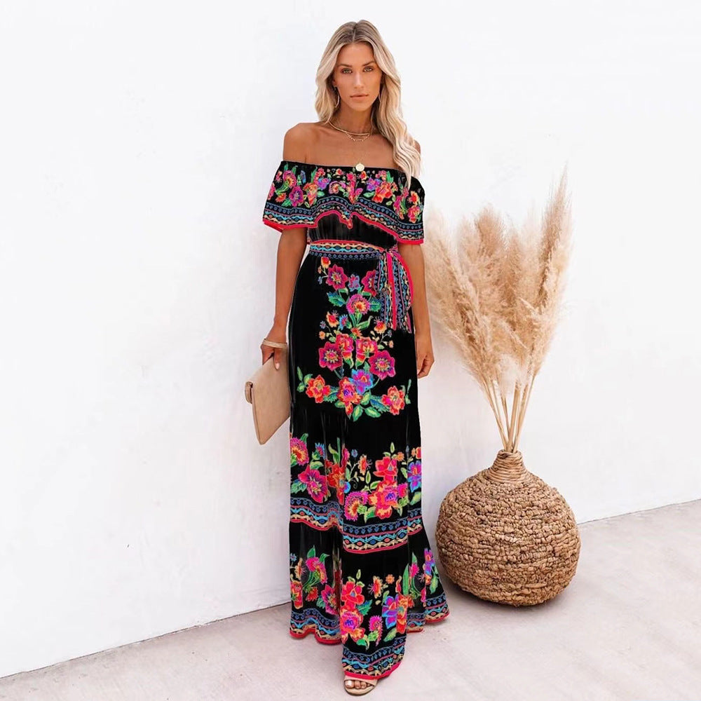 Oceana - Printed Lace-Up Waist Long Dress