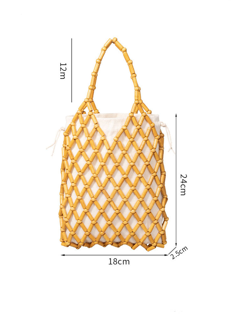 Hollow-Out Wooden Bead Woven Tote Bag