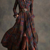 Retro Lapel Reddish Brown Plaid Maxi Dress