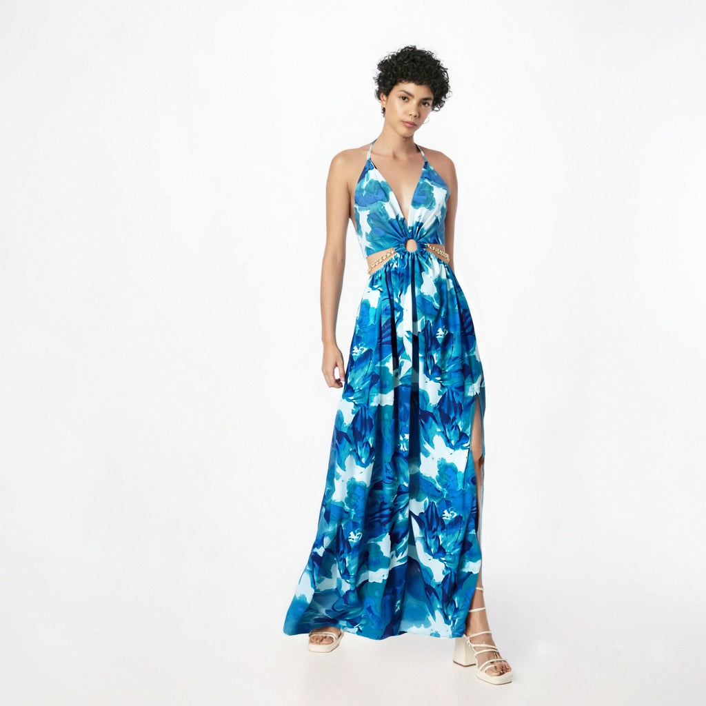 Floral Chain Split Dress – Bold Tropical Style with Gold Accents