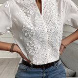 V-Neck Stand Collar Embroidered Lace Shirt