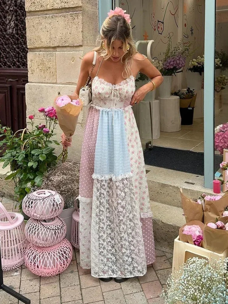 Cyrille - Elegant Strappy Patchwork Maxi Dress