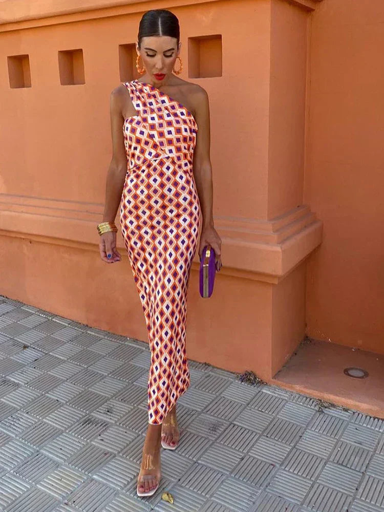 Irmgardi - Colorful Asymmetric Neckline Dress