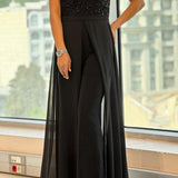Crew-neck textured-panel tulle jumpsuit
