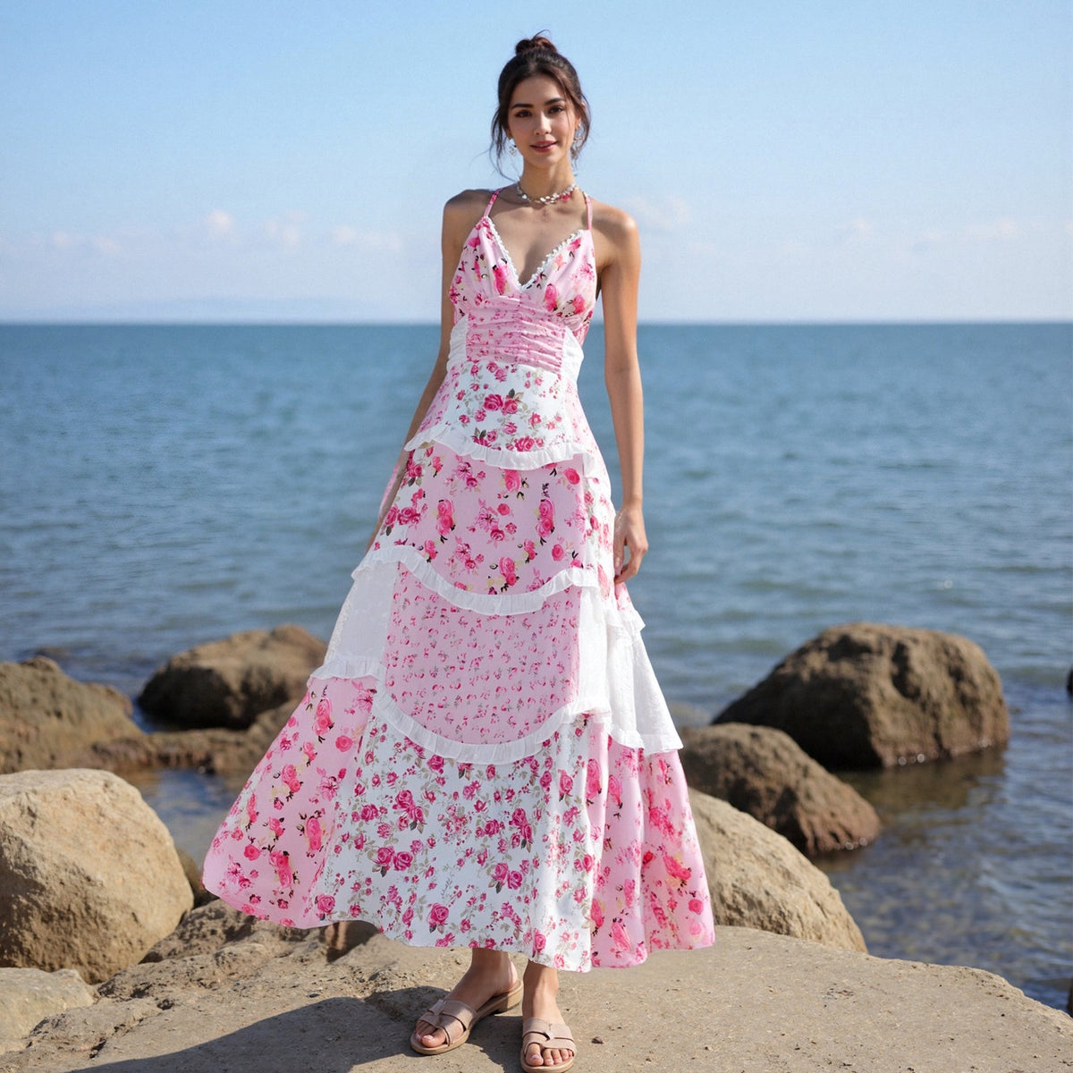 Isla Boho Maxi Dress – Pink Floral Layered Dress for Summer