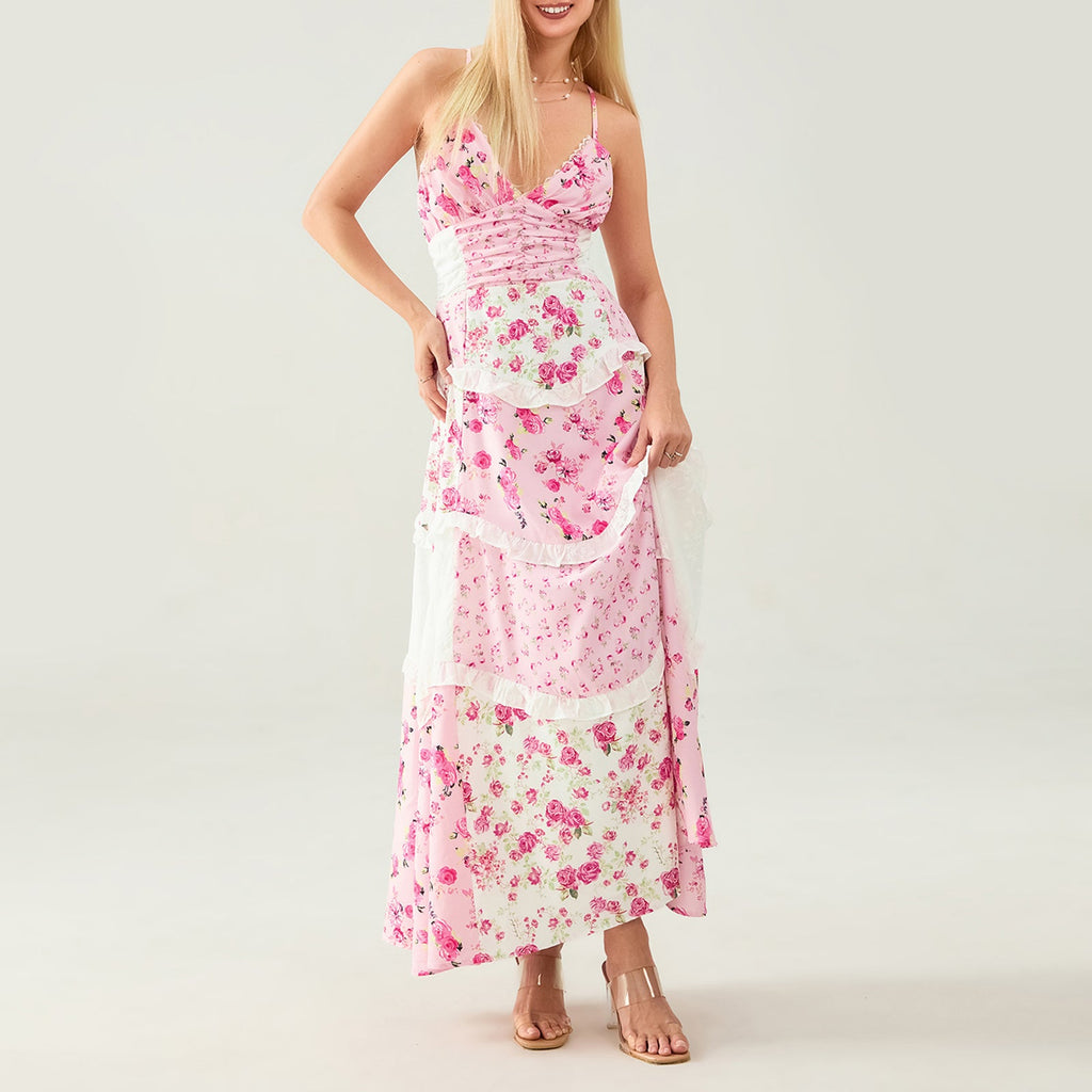 Isla Boho Maxi Dress – Pink Floral Layered Dress for Summer