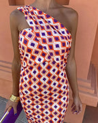 Irmgardi - Colorful Asymmetric Neckline Dress