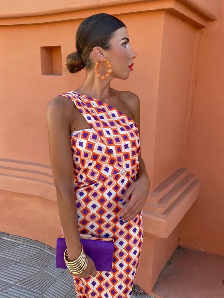 Irmgardi - Colorful Asymmetric Neckline Dress