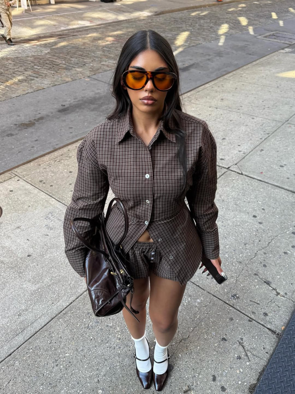 Vintage Plaid Button-Front Shirt & Shorts Set