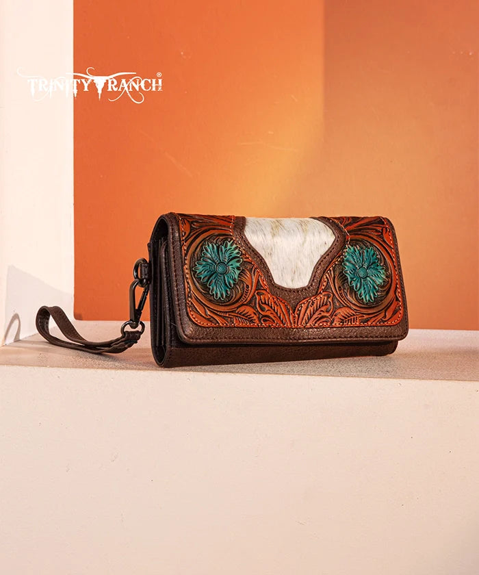 Trinity Ranch Floral Tooled and Hair-On Cowhide Wallet