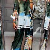 Unique Satin Roman Print Wide Leg Pants Set