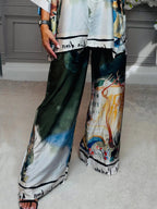 Unique Satin Roman Print Wide Leg Pants Set