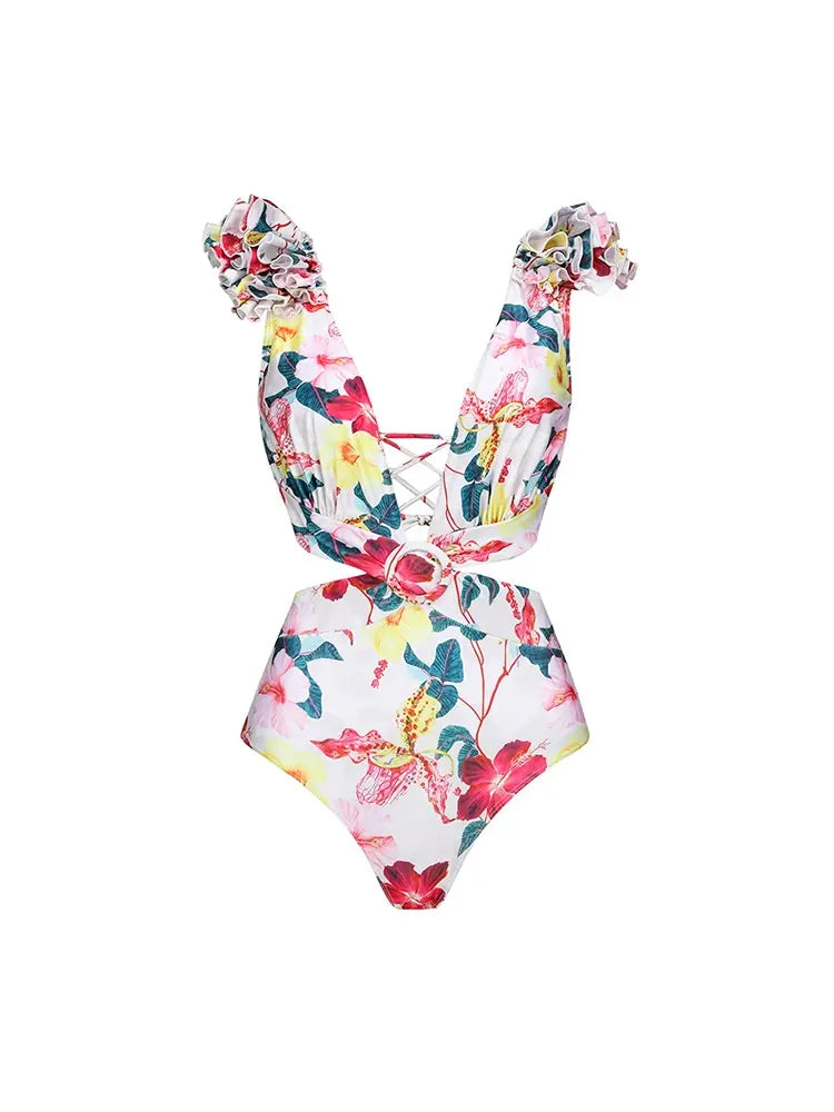 3D Floral Cutout Swimsuit One Piece Set