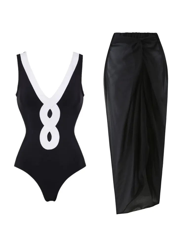 Colorblock One Piece Swimsuit Set