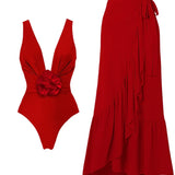 V-Neck One-Piece with Removable 3D Floral Detail