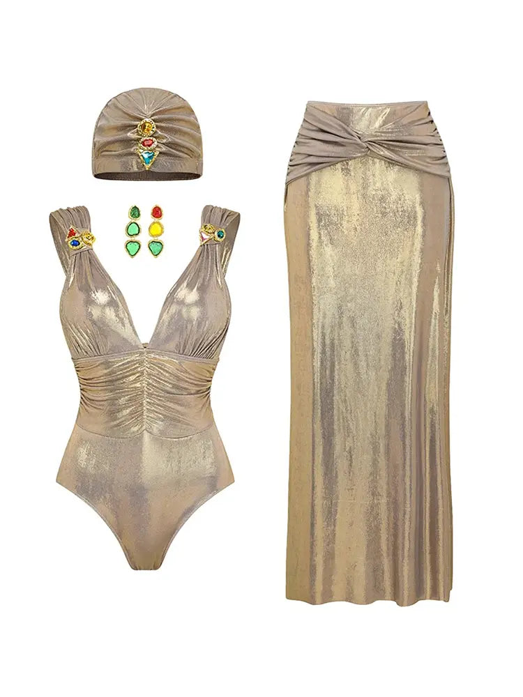 V-Neck Ruched Rhinestone One-Piece Swimsuit