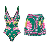 Deep V Spaghetti Strap Skirted Swimsuit Set