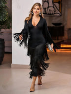Deep V - Neck Fringe Midi Dress