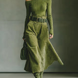 Olive green off-shoulder top and faux suede skirt set（Includes belt）